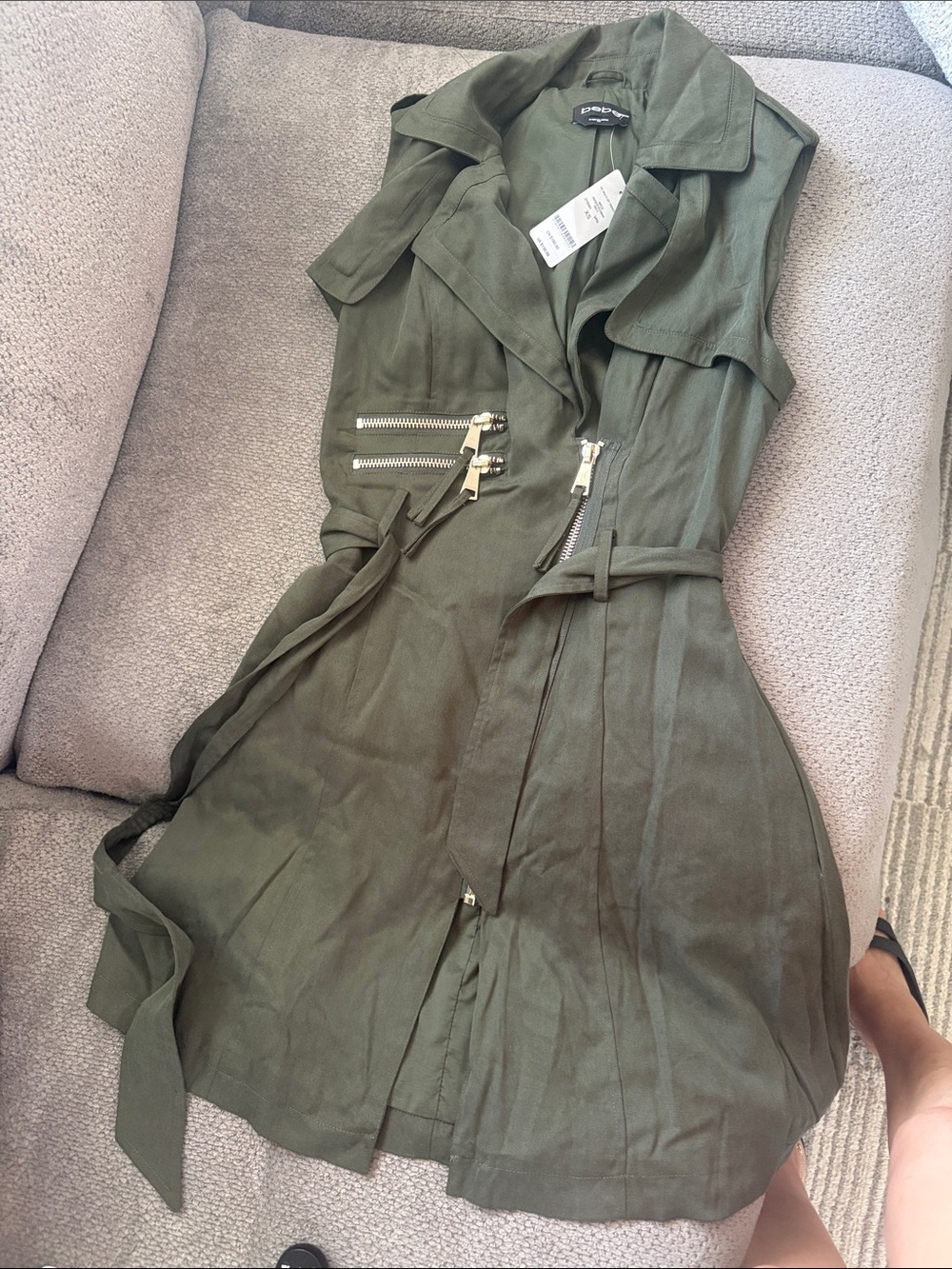 bebe Olive Green Trench-Style Vest with Waist Tie
